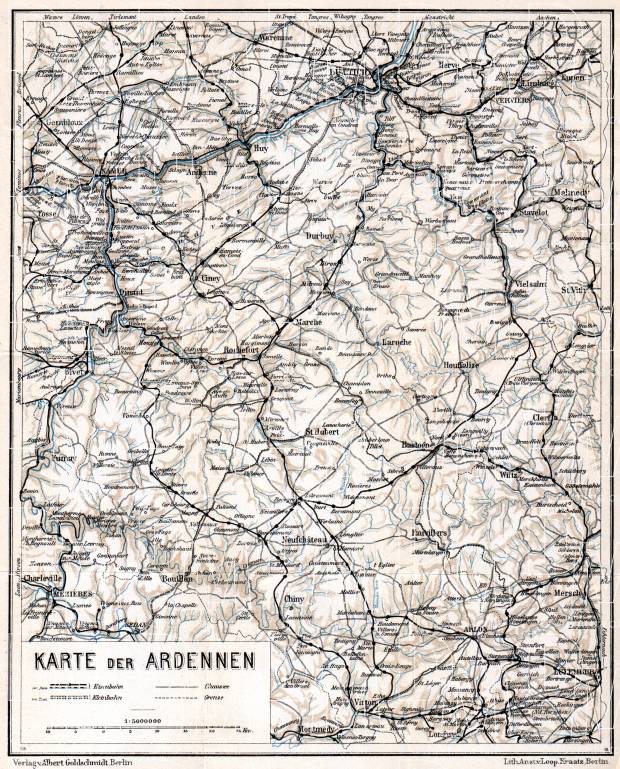 Belgium on the general map of the Ardennes, 1908. Use the zooming tool to explore in higher level of detail. Obtain as a quality print or high resolution image