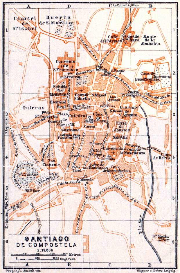 Santiago de Compostela city map, 1929. Use the zooming tool to explore in higher level of detail. Obtain as a quality print or high resolution image