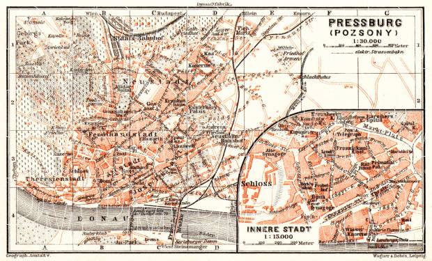 Pressburg (Bratislava) city map, 1913. Use the zooming tool to explore in higher level of detail. Obtain as a quality print or high resolution image