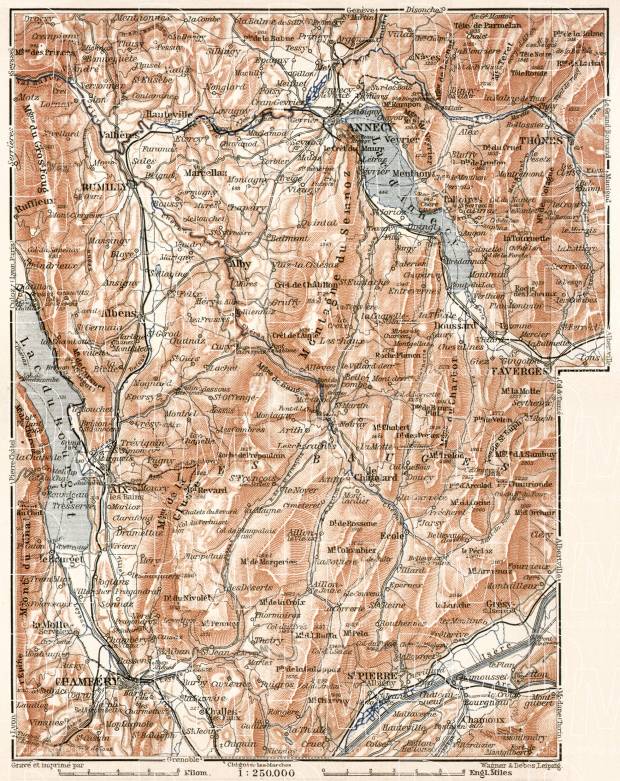 Annecy (Annesy-les-Bauges) environs map, with plan of Chambéry, 1902. Use the zooming tool to explore in higher level of detail. Obtain as a quality print or high resolution image