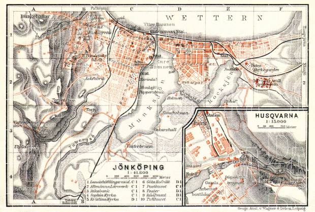 Jönköping city map, 1911. With Husqvarna plan inset. Use the zooming tool to explore in higher level of detail. Obtain as a quality print or high resolution image