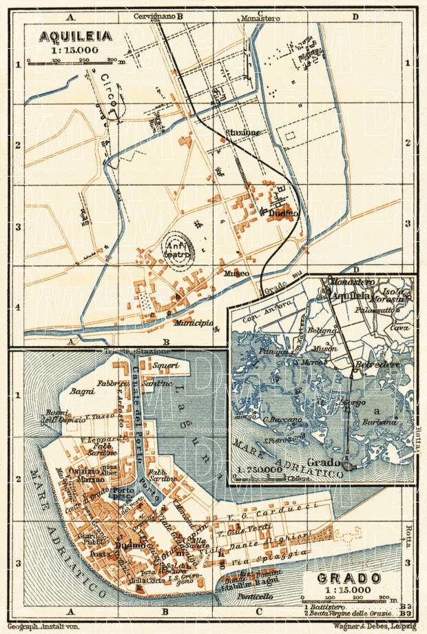 Aquileja and Grado town plans, 1911. Use the zooming tool to explore in higher level of detail. Obtain as a quality print or high resolution image