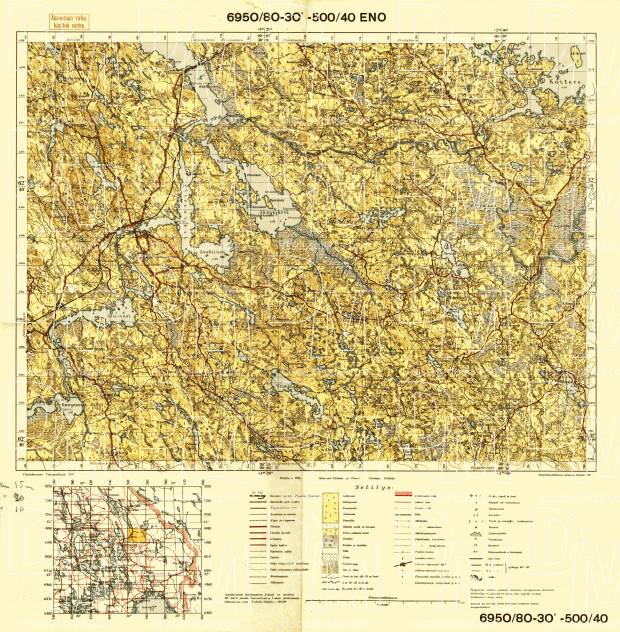Eno. Topografikartta 4242. Topographic map from 1937. Use the zooming tool to explore in higher level of detail. Obtain as a quality print or high resolution image
