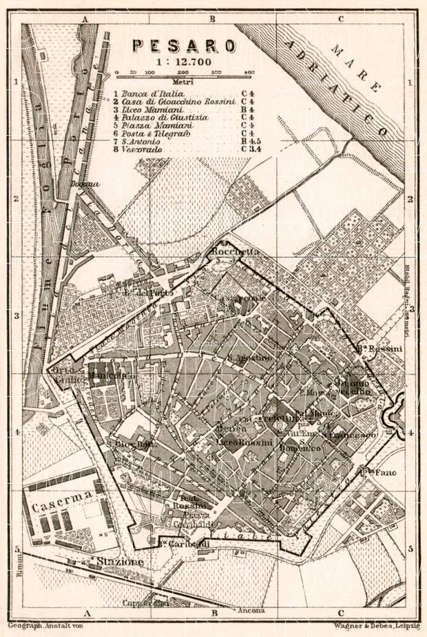 Pesaro city map, 1909. Use the zooming tool to explore in higher level of detail. Obtain as a quality print or high resolution image