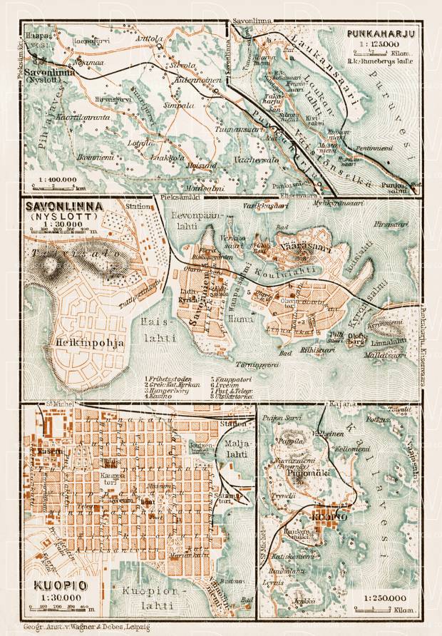 Nyslott (Savonlinna) town plan. Punkaharju Ridge Map. Kuopio town plan, with map of environs of Kuopio, 1929. Use the zooming tool to explore in higher level of detail. Obtain as a quality print or high resolution image