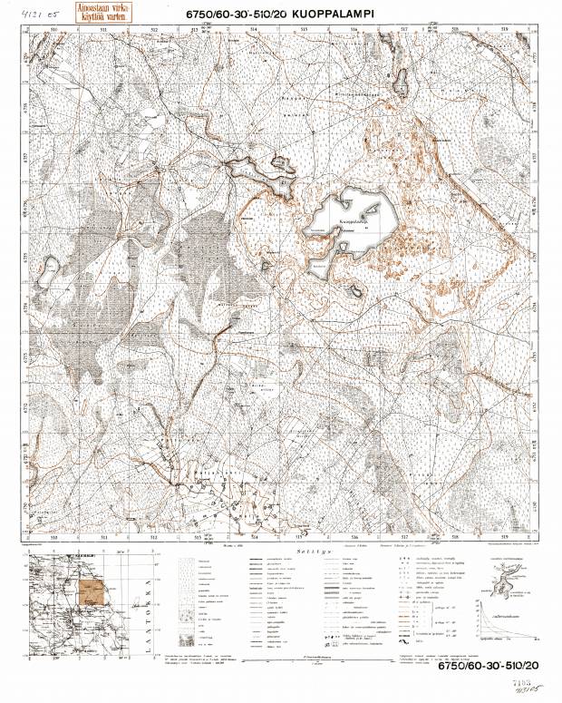 Vorobjovo Lake. Kuoppalampi. Topografikartta 413105. Topographic map from 1938. Use the zooming tool to explore in higher level of detail. Obtain as a quality print or high resolution image