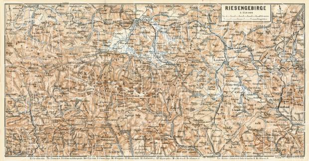 Krkonoše (Riesengebirge) Mountains map, 1887. Use the zooming tool to explore in higher level of detail. Obtain as a quality print or high resolution image