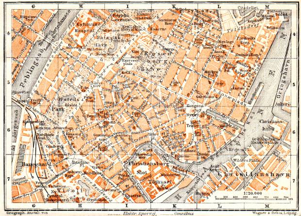 Copenhagen (Kjöbenhavn, København) central part map, 1910. Use the zooming tool to explore in higher level of detail. Obtain as a quality print or high resolution image
