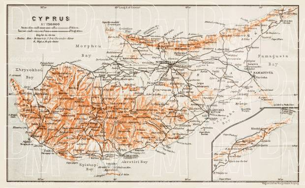 Cyprus (Κύπρος, Kıbrıs) general map, 1914. Use the zooming tool to explore in higher level of detail. Obtain as a quality print or high resolution image