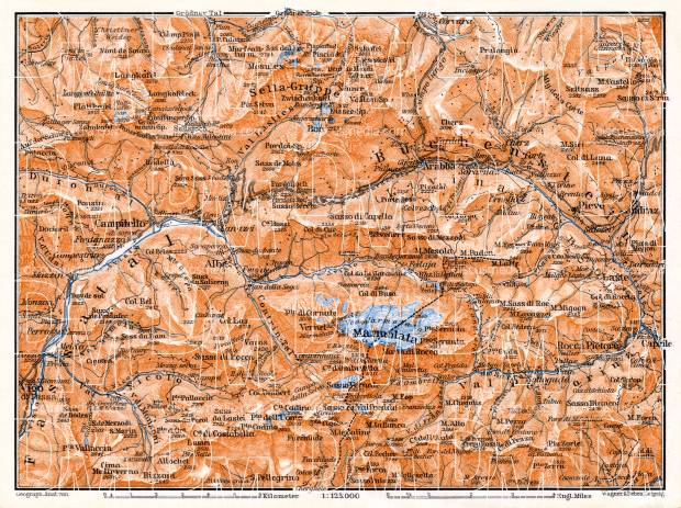 Map of the Upper Fassa and Cordevole Valleys, 1906. Use the zooming tool to explore in higher level of detail. Obtain as a quality print or high resolution image