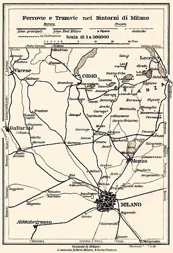 Milan (Milano) environs interurban tramway and railway network map, 1908