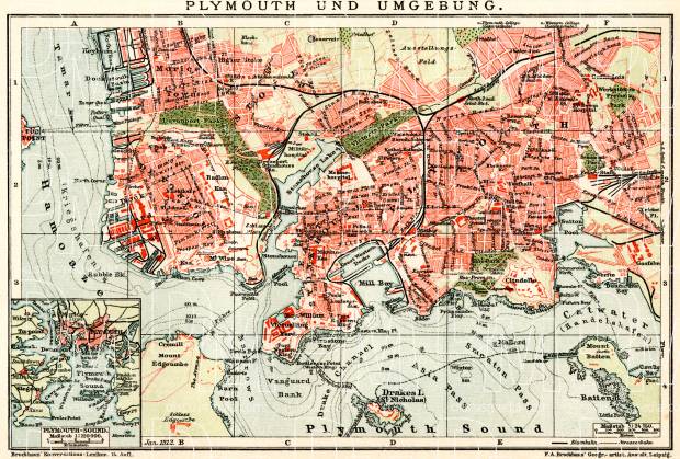 Plymouth and environs map, 1912. Use the zooming tool to explore in higher level of detail. Obtain as a quality print or high resolution image