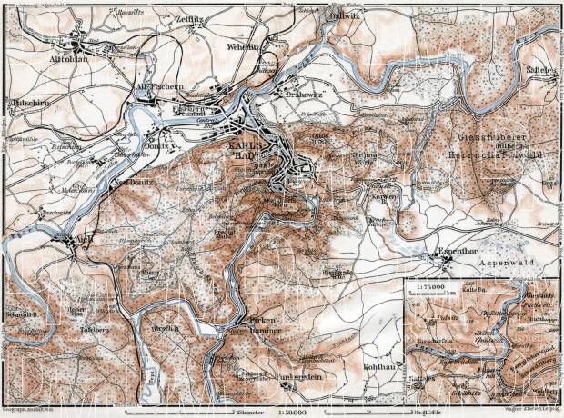 Karlsbad (Karlový Vary) and environs map, 1910. Use the zooming tool to explore in higher level of detail. Obtain as a quality print or high resolution image