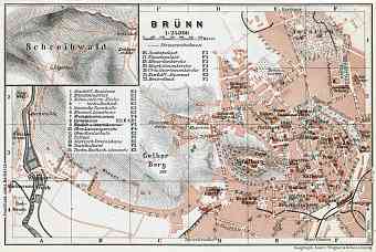 Brünn (Brno), city map with environs map (Schreibwald - Blansko), 1910