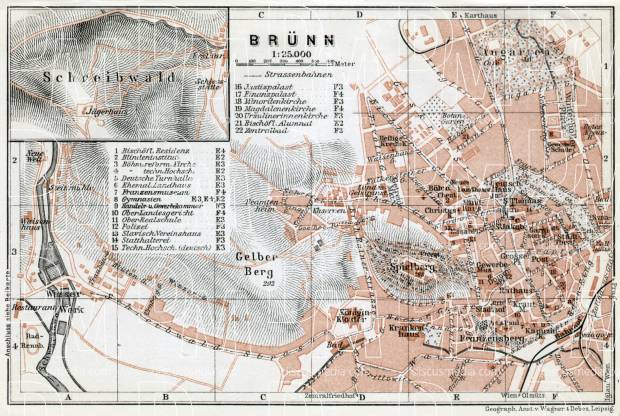 Brünn (Brno), city map with environs map (Schreibwald - Blansko), 1910. Use the zooming tool to explore in higher level of detail. Obtain as a quality print or high resolution image