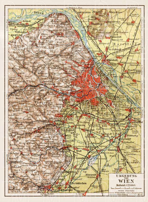 Map of the environs of Vienna (Wien), 1903. Use the zooming tool to explore in higher level of detail. Obtain as a quality print or high resolution image