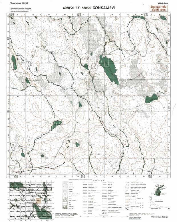 Sopkojarvi Lake. Sonkajärvi. Topografikartta 535101. Topographic map from 1942. Use the zooming tool to explore in higher level of detail. Obtain as a quality print or high resolution image