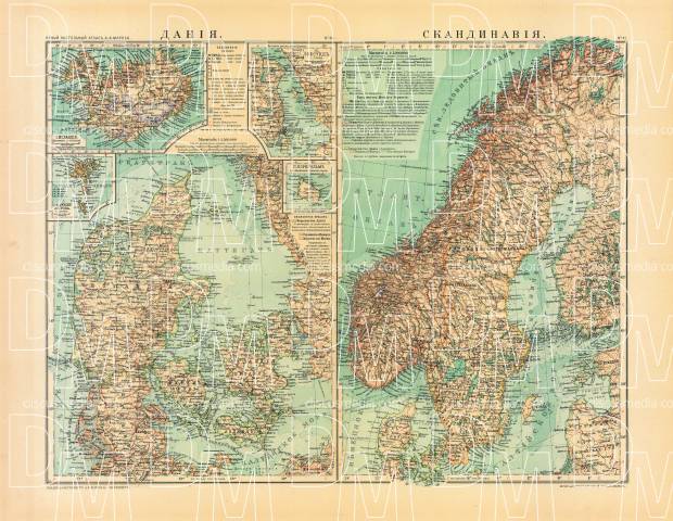Denmark and Scandinavia Map (in Russian), 1910. Use the zooming tool to explore in higher level of detail. Obtain as a quality print or high resolution image