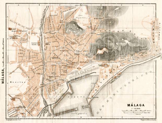Málaga, city map. Environs of Málaga, 1911. Use the zooming tool to explore in higher level of detail. Obtain as a quality print or high resolution image