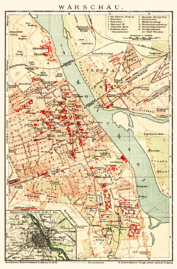 Warsaw (Варшава, Warschau, Warszawa) city and environs map, 1899. Use the zooming tool to explore in higher level of detail. Obtain as a quality print or high resolution image