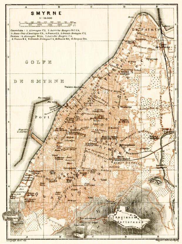 Smyrna (إزمير, İzmir, Smyrne) city map, 1905. Use the zooming tool to explore in higher level of detail. Obtain as a quality print or high resolution image