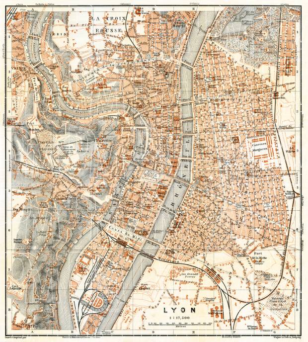 Lyon 1914 old map LYONS CENTRE 1er 2e 5e 7e town city plan de la ville Rhône 