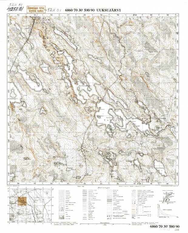 Uksujarvi Lake. Uuksujärvi. Topografikartta 521101. Topographic map from 1940. Use the zooming tool to explore in higher level of detail. Obtain as a quality print or high resolution image
