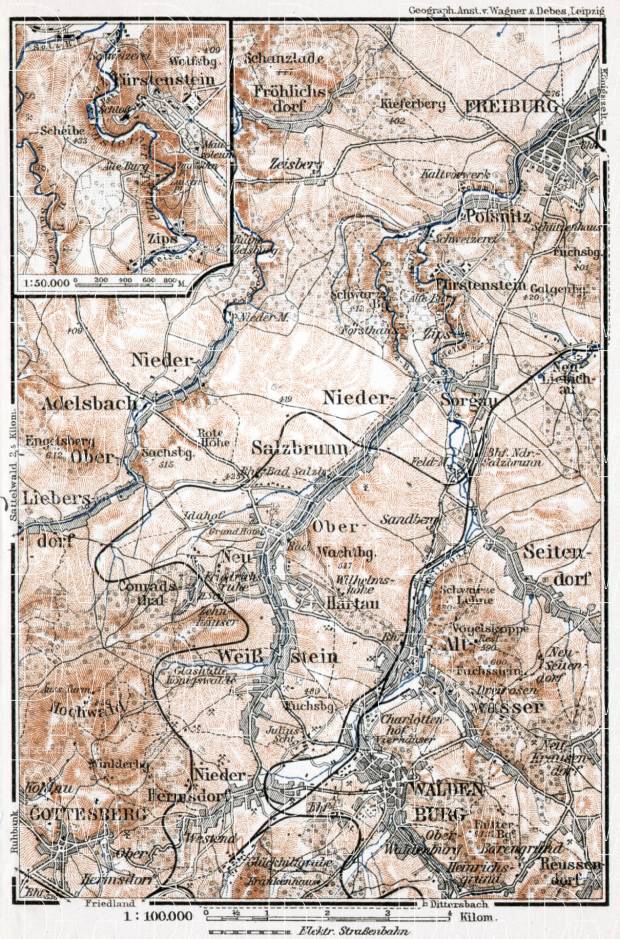 Salzbrunn (Szczawno-Zdrój) environs map, 1911. Use the zooming tool to explore in higher level of detail. Obtain as a quality print or high resolution image