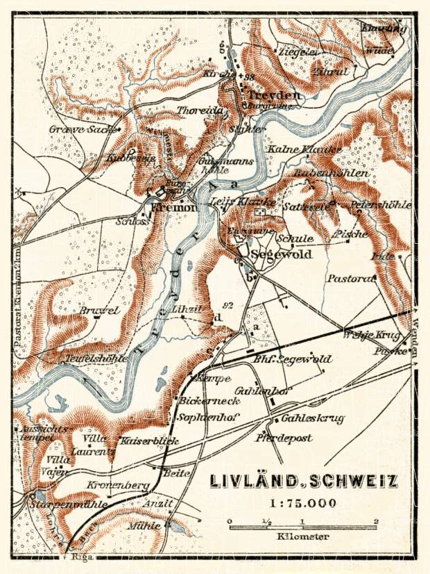 Livonian Switzerland (Sigulda, or Switzerland of Vidzeme) map, 1914. Use the zooming tool to explore in higher level of detail. Obtain as a quality print or high resolution image