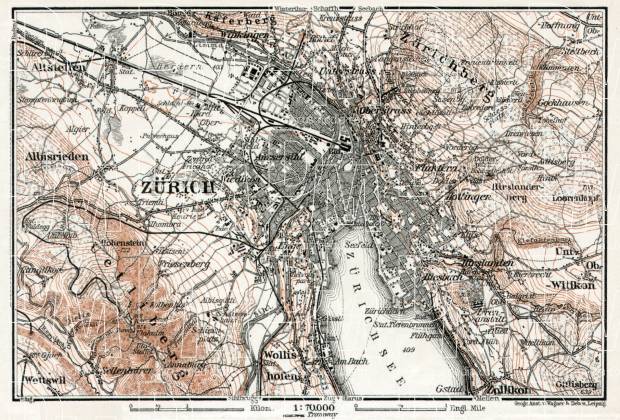 Zürich and environs map, 1909. Use the zooming tool to explore in higher level of detail. Obtain as a quality print or high resolution image
