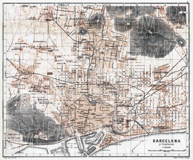 Barcelona city map, 1913. Use the zooming tool to explore in higher level of detail. Obtain as a quality print or high resolution image