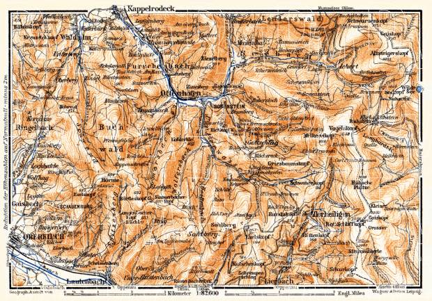 Schwarzwald (the Black Forest) map: from Oberkirch to Kappelrodeck, 1905. Use the zooming tool to explore in higher level of detail. Obtain as a quality print or high resolution image