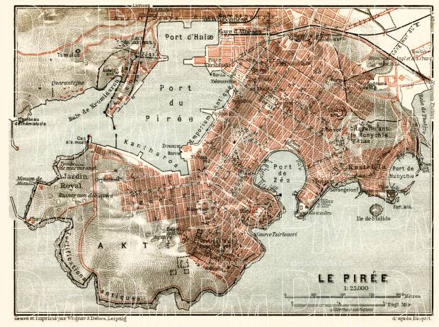Piraeus (Πειραιάς) city map, 1908. Use the zooming tool to explore in higher level of detail. Obtain as a quality print or high resolution image