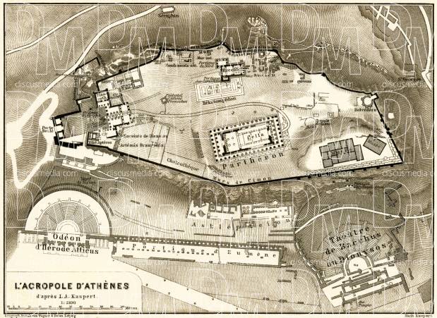 Acropolis in Athens, 1908. Map drawn after Johann August Kaupert. Use the zooming tool to explore in higher level of detail. Obtain as a quality print or high resolution image