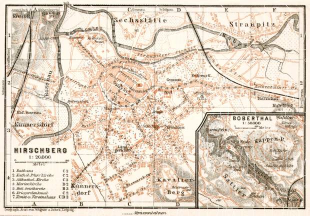 Hirschberg im Schlesien (Jelenia Góra) city map, 1911. Use the zooming tool to explore in higher level of detail. Obtain as a quality print or high resolution image