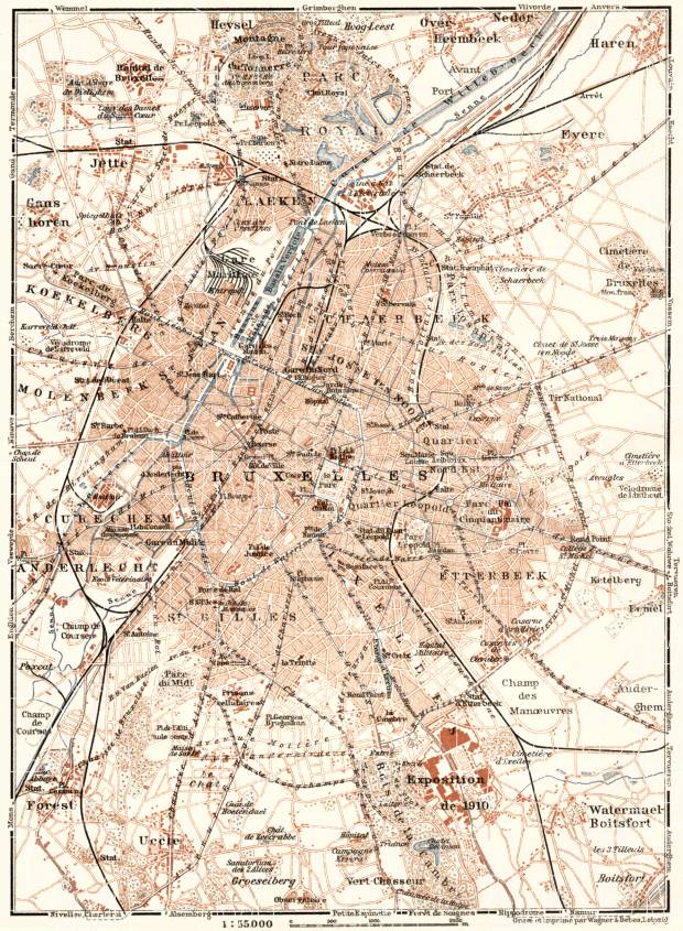 Brussels (Brussel, Bruxelles) and environs map, 1909. Use the zooming tool to explore in higher level of detail. Obtain as a quality print or high resolution image