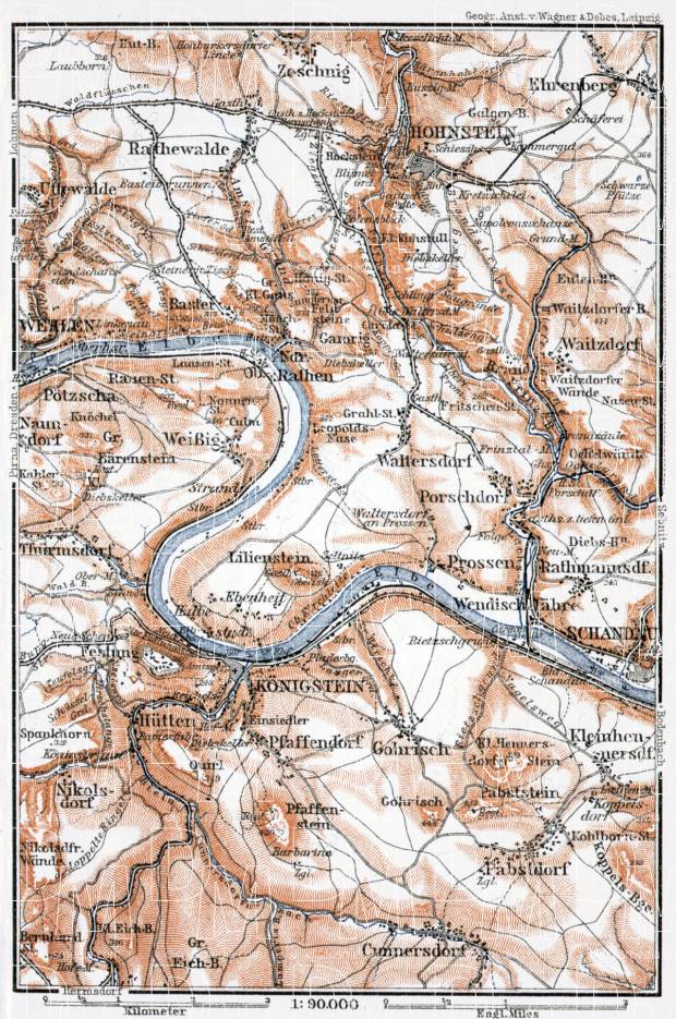 Sächsische Schweiz (Saxonian Switzerland) map from Wehlen to Schandau, 1911. Use the zooming tool to explore in higher level of detail. Obtain as a quality print or high resolution image