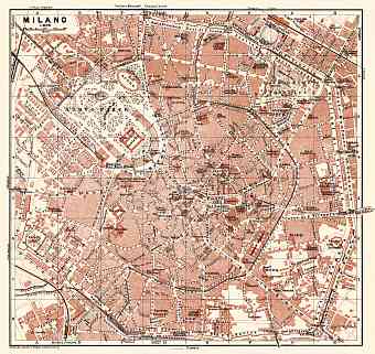 Milan (Milano) city map, 1908