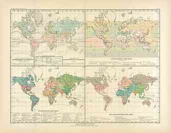 World Temperature, Ocean Currents, Rain, Religions and Population Maps, 1905