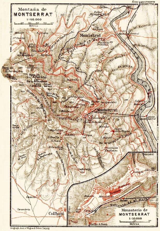 Montserrat Mountain and Monastery map, 1929. Use the zooming tool to explore in higher level of detail. Obtain as a quality print or high resolution image