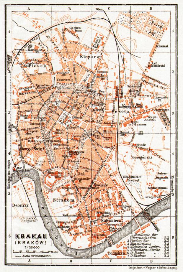 Krakau (Kraków) city map, 1913. Use the zooming tool to explore in higher level of detail. Obtain as a quality print or high resolution image