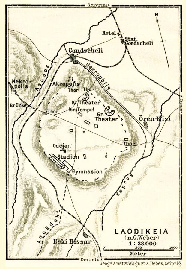 Old map of the site of ancient Laodicea on the Lycus in 1905. Buy vintage map replica poster
