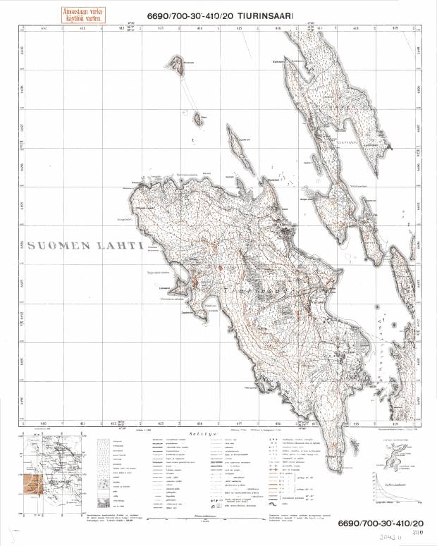 Zapadnyj Berjozovyj Island. Tiurinsaari. Topografikartta 304311. Topographic map from 1938. Use the zooming tool to explore in higher level of detail. Obtain as a quality print or high resolution image