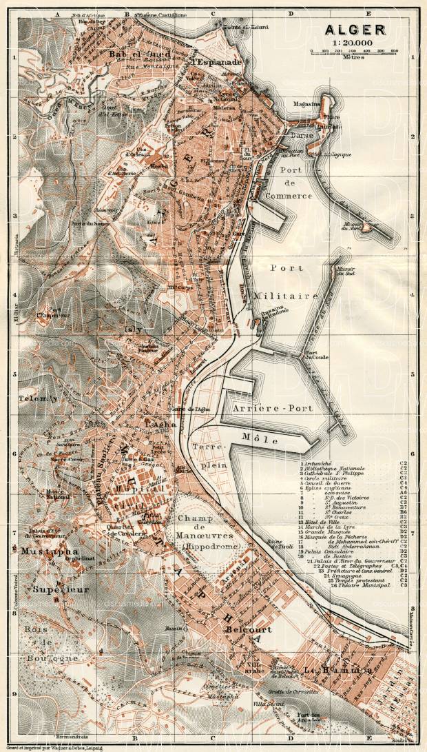 Algiers (الجزائر‎, al-Jazā’er) city map, 1909. Use the zooming tool to explore in higher level of detail. Obtain as a quality print or high resolution image
