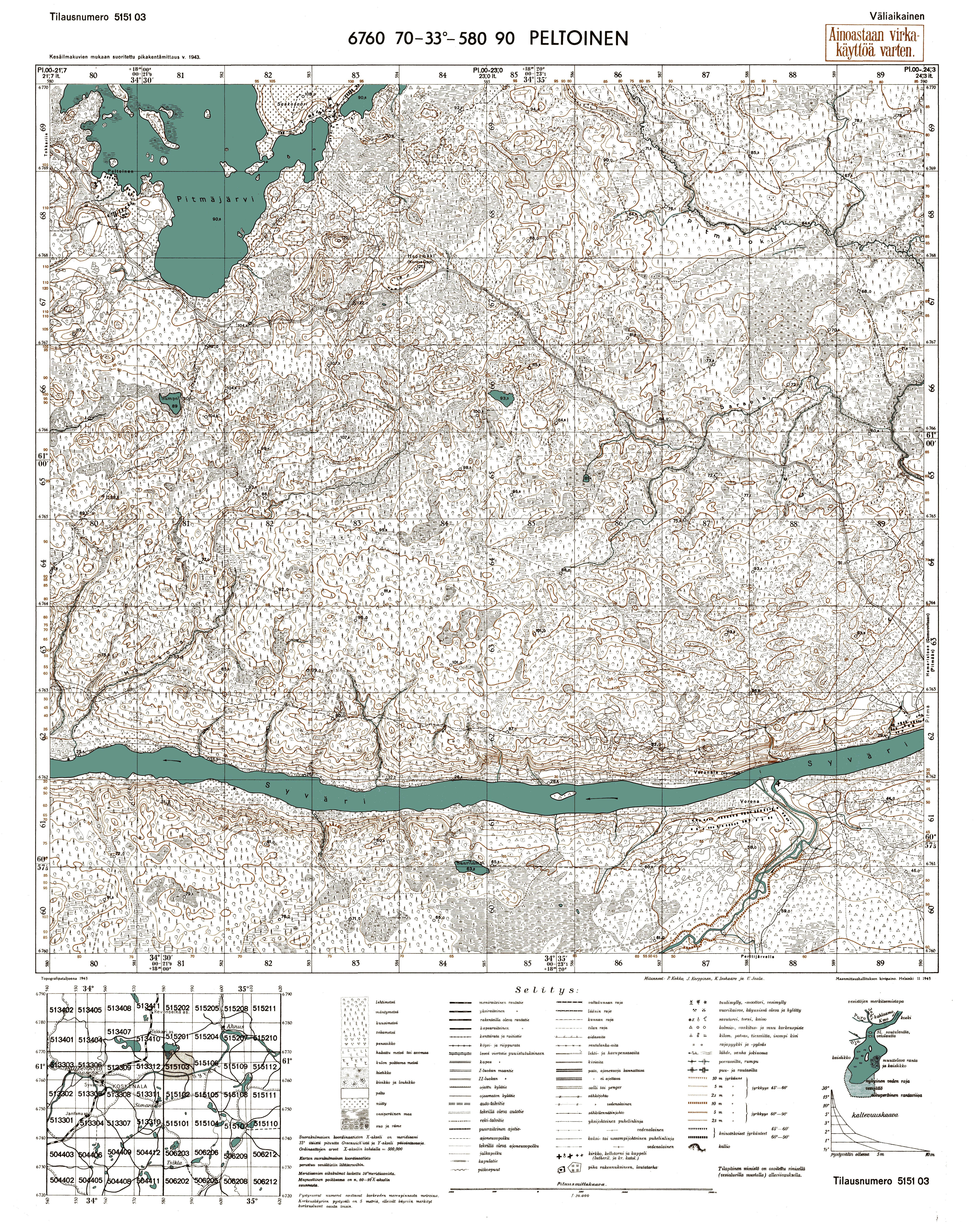 Peldoži. Peltoinen. Topografikartta 515103. Topographic map from 1943. Use the zooming tool to explore in higher level of detail. Obtain as a quality print or high resolution image