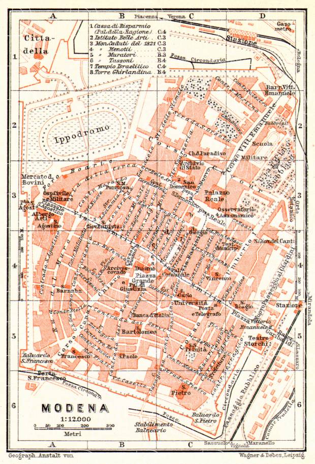Modena city map, 1908. Use the zooming tool to explore in higher level of detail. Obtain as a quality print or high resolution image