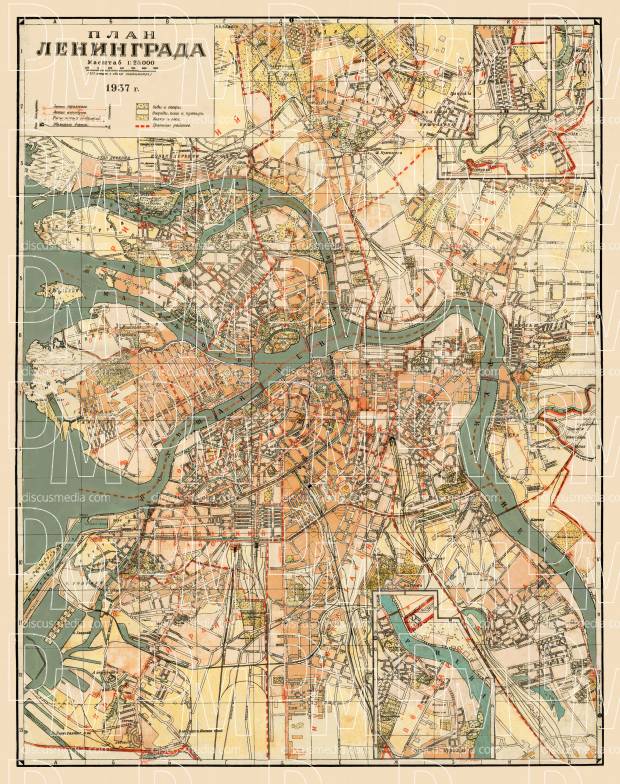 Leningrad (Ленинград, Saint Petersburg) city map, 1937. Use the zooming tool to explore in higher level of detail. Obtain as a quality print or high resolution image