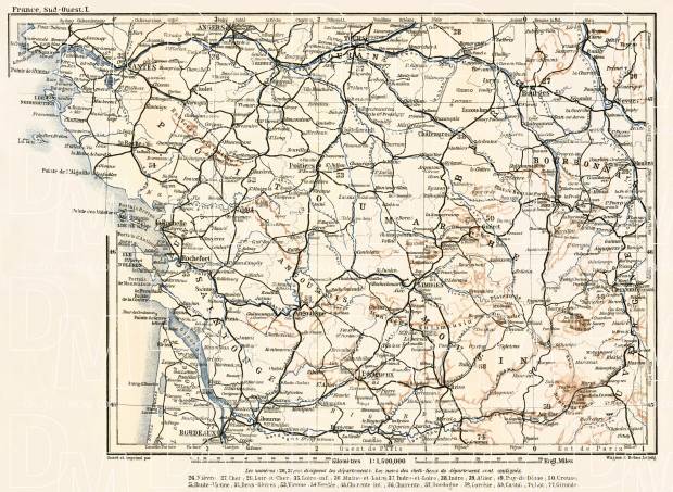 France, southwestern part map (Bordeaux, Nantes, Angers…), 1902. Use the zooming tool to explore in higher level of detail. Obtain as a quality print or high resolution image