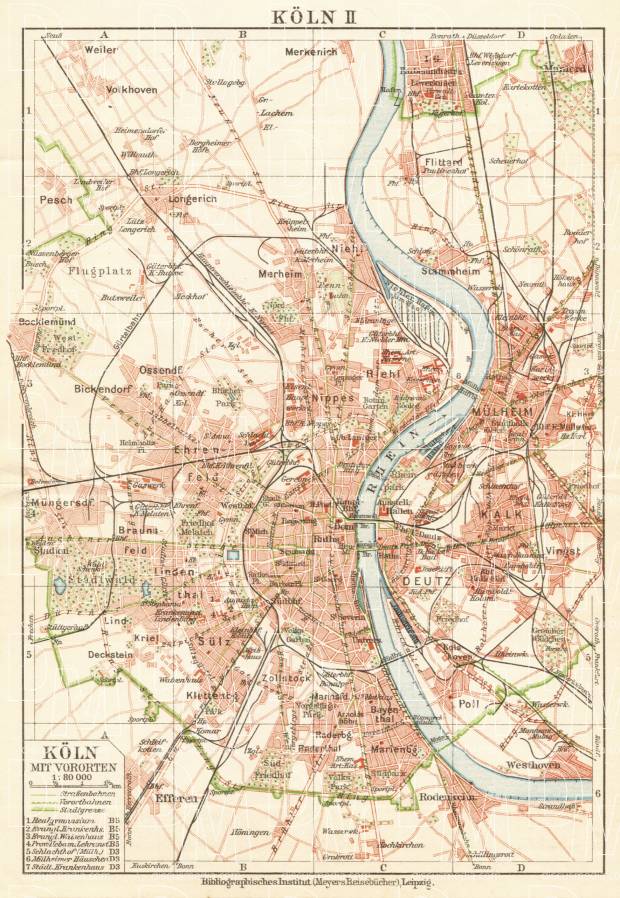 Cologne (Köln) and suburbs map, 1927. Use the zooming tool to explore in higher level of detail. Obtain as a quality print or high resolution image