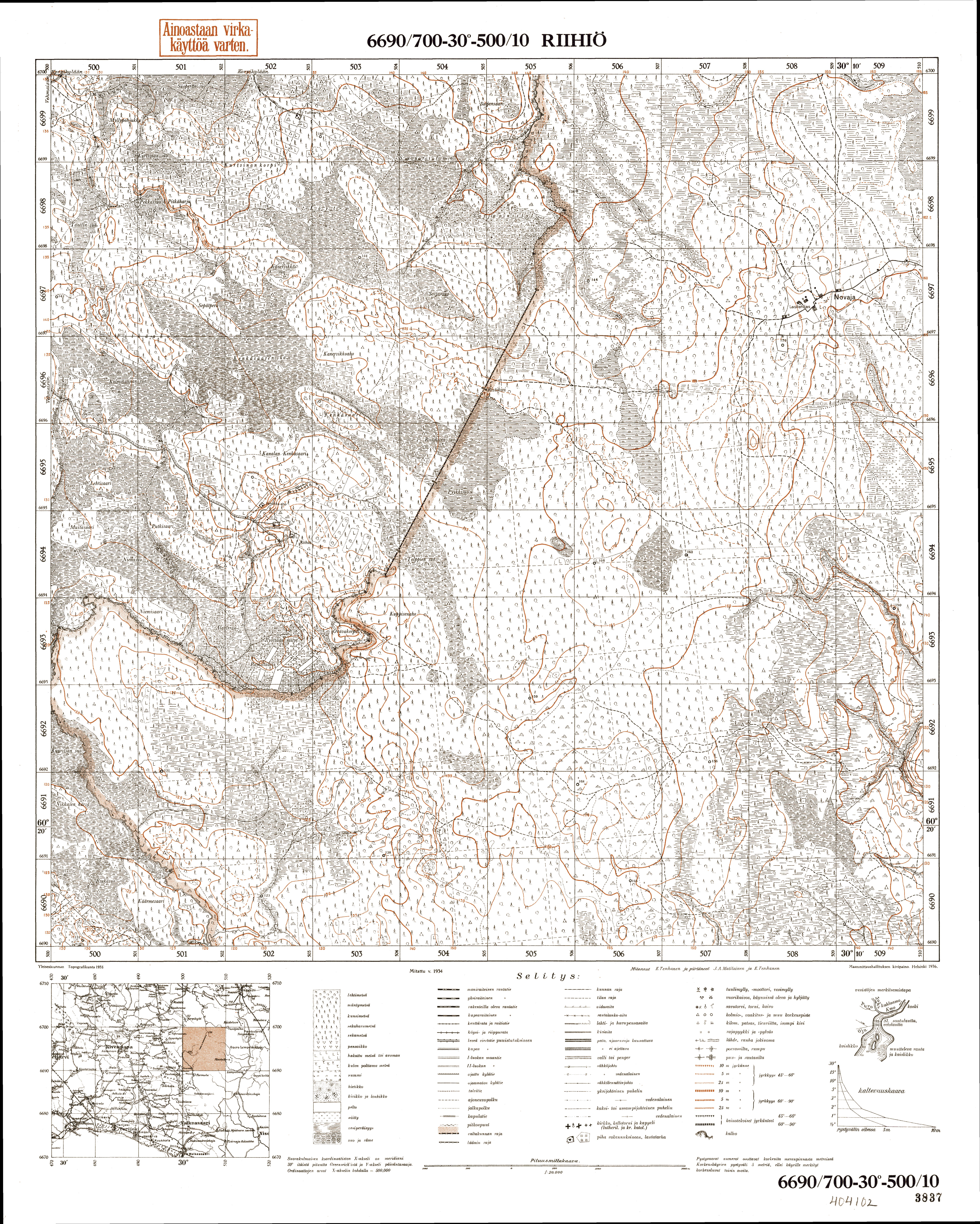 Lesnoje Village Site. Riihiö. Topografikartta 404102. Topographic map from 1942. Use the zooming tool to explore in higher level of detail. Obtain as a quality print or high resolution image